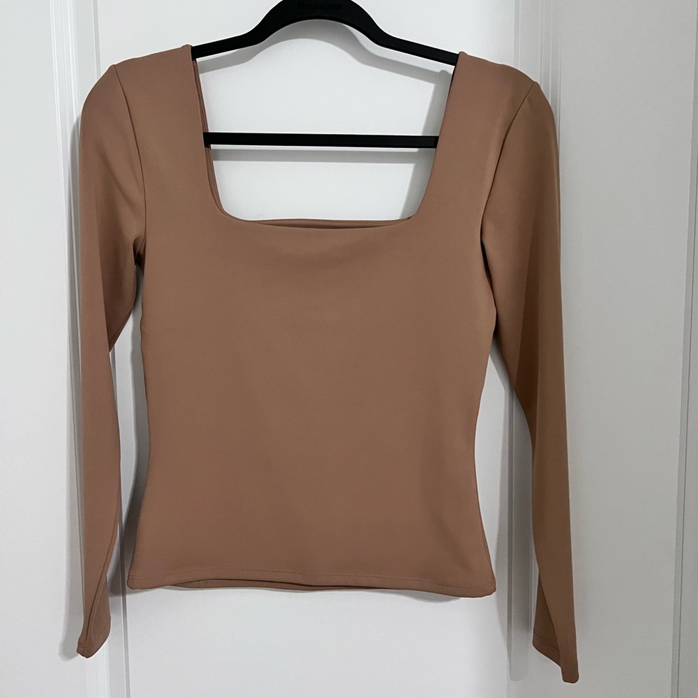 Express Square Neck Long Sleeve Top in Tan